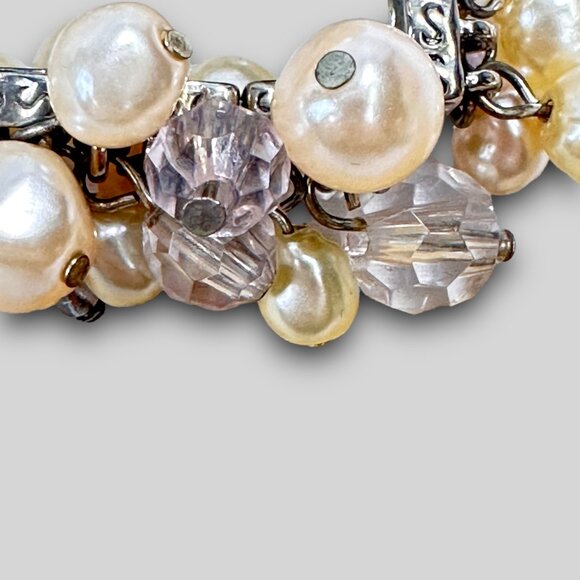 Simulated Pearl & Faceted Glass Bead Bracelet Stretch EUC Boho Bohemian Elegant - Picture 8 of 10